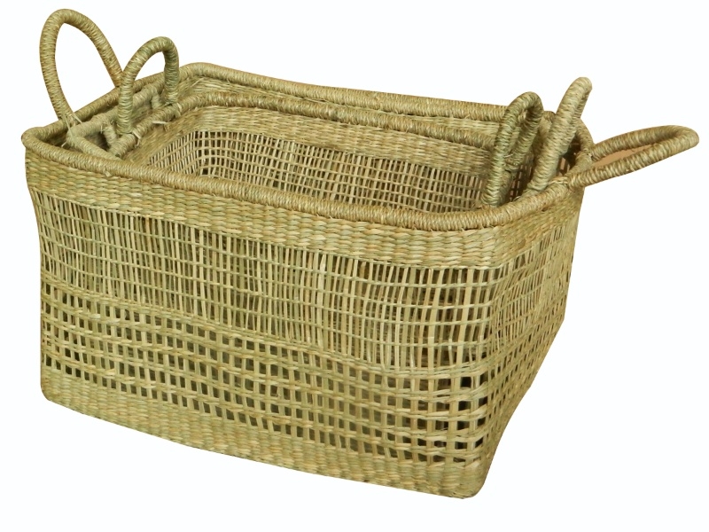 Premium Rectangular Seagrass Basket Set with Handles - Open Weave Eco-friendly Storage